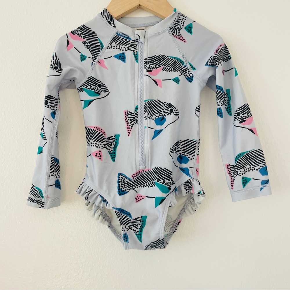 Tea Collection Fish Print Gray Blue Rash Guard Swimsuit Bathing Suit